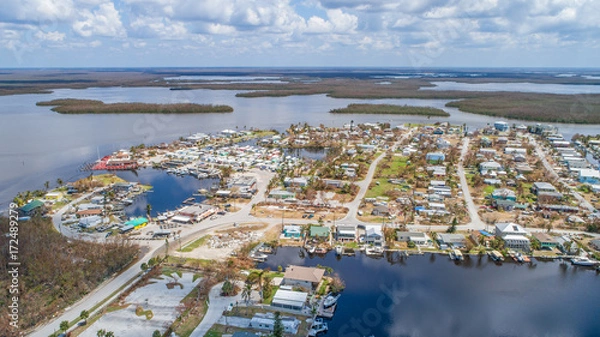 Fototapeta Aerial images of post hurricane Irma damage over Goodland, Florida. A small fishing village on the southwest coast near Naples