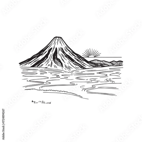 Fototapeta Black and White Mountain Illustration Image in Minimalist Line Art Style, Clean and Elegant Design