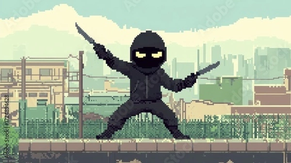 Fototapeta Pixelated ninja character poised for action,  street setting.  Stylish,  retro,  fighting game, urban environment