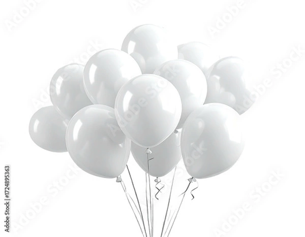 Fototapeta A cluster of glossy white balloons, tightly grouped, with thin silver strings connecting them