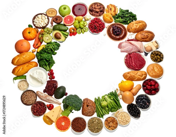 Fototapeta Colorful circle of various foods, showcasing a diverse range of fruits, vegetables, grains, dairy, and proteins