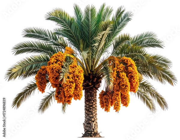 Fototapeta Date palm tree laden with clusters of ripe fruit. Lush green fronds radiate outward from a sturdy trunk