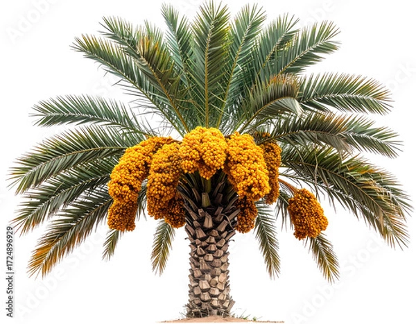 Fototapeta A lush date palm tree with a cluster of bright yellow flowers