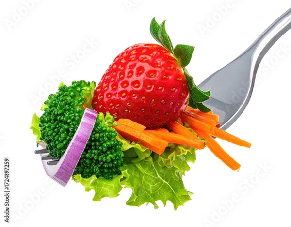 Fototapeta Forkful of fresh, vibrant salad with a strawberry, broccoli, carrot, and red onion