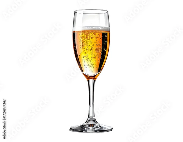 Fototapeta A champagne flute filled with a light amber-colored bubbly drink, showcasing effervescence and a slender stem