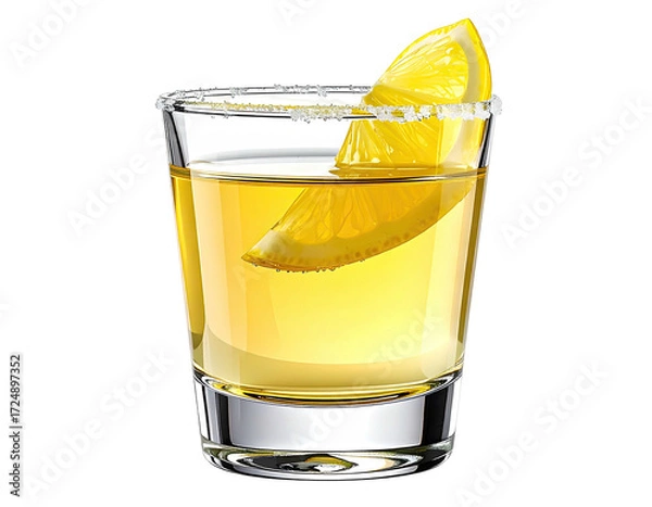 Fototapeta Shot glass of tequila with lemon slice and salt rim