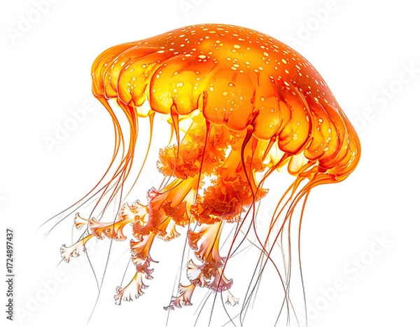 Fototapeta Fiery orange jellyfish, translucent, detailed tentacles