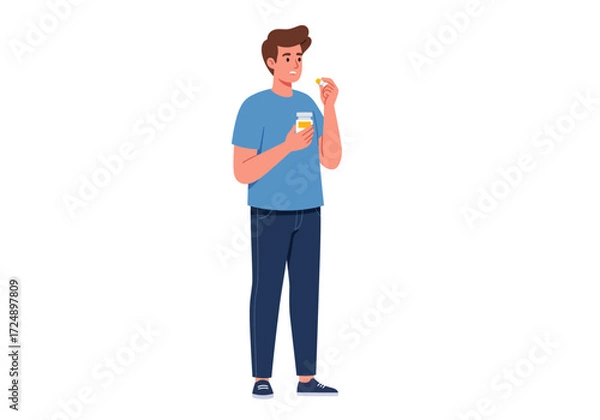 Fototapeta Man in blue shirt holding a pill and a bottle, preparing to take medication, isolated on white.