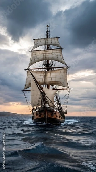 Fototapeta Tall ship sailing on the ocean under a cloudy sky at sunset, a majestic view