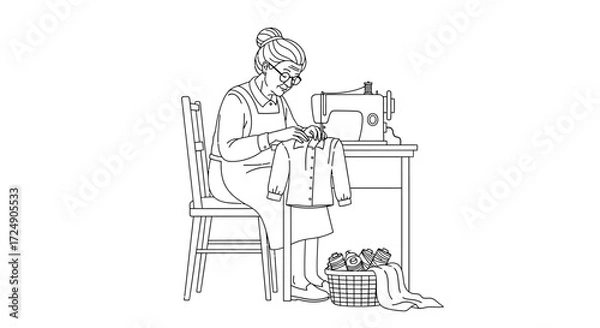 Fototapeta Charming grandma sewing clothes with vintage machine, craftwork in progress, creating handmade garments with care and love, nostalgic home hobby