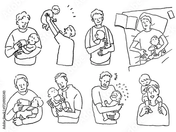 Obraz 赤ちゃんの育児をするお父さん、男性、育児、子育て、線画