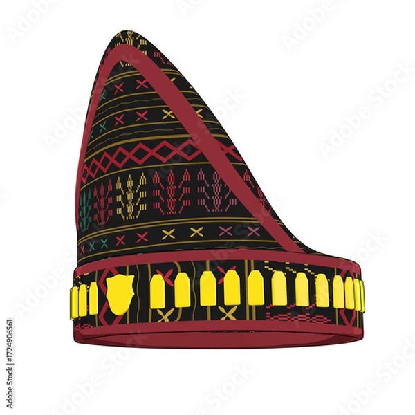 Fototapeta 3D render of tall traditional ethnic hat with black fabric and woven yellow red motifs, isolated on white background, cultural accessory.
