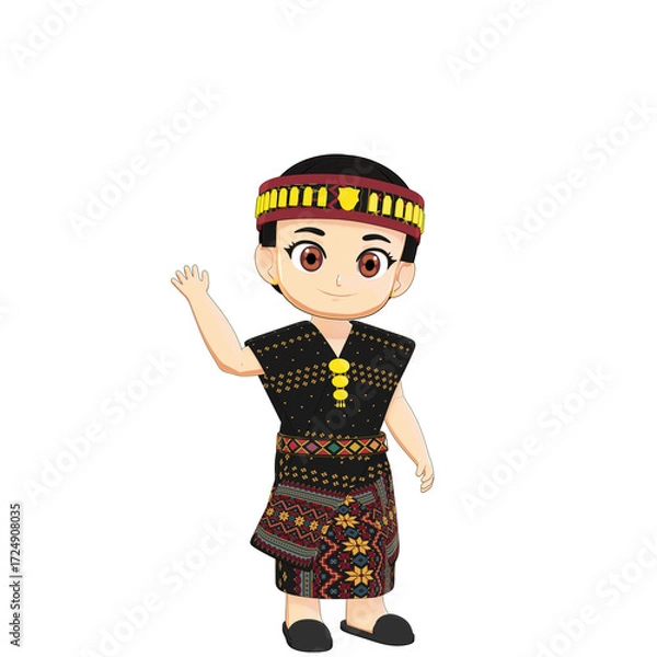 Fototapeta 3D render of boy character in traditional patterned clothing with headband, raising hand, isolated on white background, ethnic cultural illustration.
