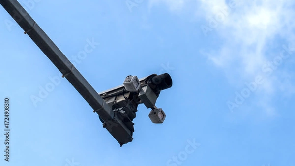 Fototapeta A video surveillance tool for a blue sky, security equipment. An outdoor video surveillance camera. The concept: a security service surveillance camera and control. High quality photo