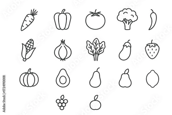 Fototapeta Outlined icons of various fruits and vegetables in simple designs