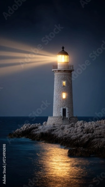 Fototapeta Exploring the Digital Transformation of a Timeless Lighthouse on a Rocky Night Shoreline