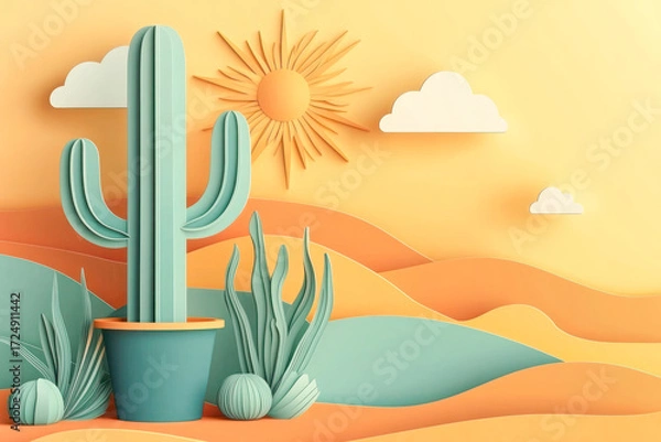 Fototapeta Colorful 3D illustration of a cactus in a vibrant desert landscape with sun and clouds
