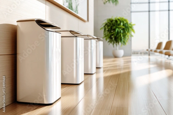 Fototapeta Modern waste bins arranged neatly in a stylish office interior with natural light and greenery