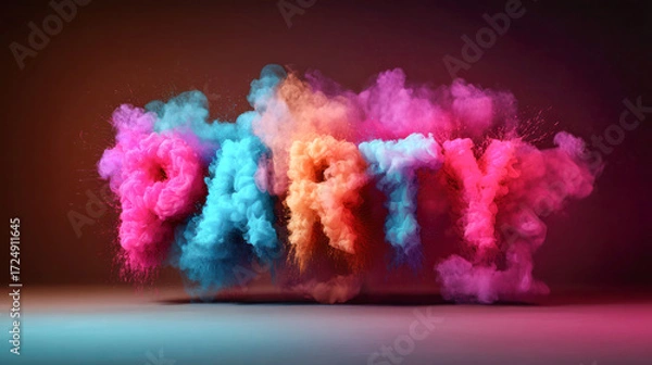 Fototapeta Colorful smoke clouds forming the word PARTY in vibrant hues, creating a festive atmosphere for celebrations and joyful events