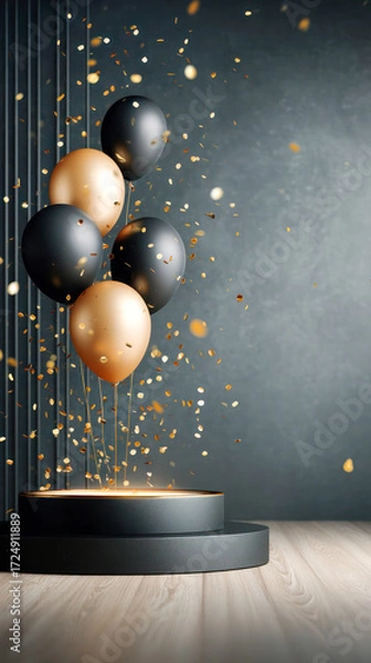 Fototapeta Colorful balloons in black and gold floating above a circular platform, surrounded by shimmering confetti, creating a festive celebration atmosphere