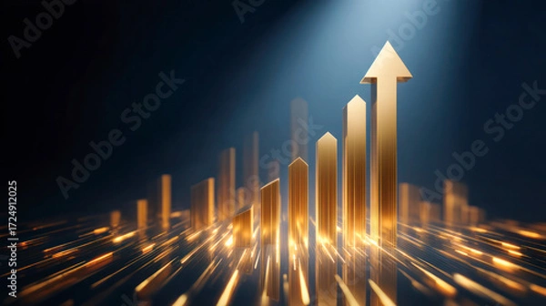 Fototapeta Golden upward arrows symbolize business growth, ambition, and success, illuminated by dynamic light effects against a dark background