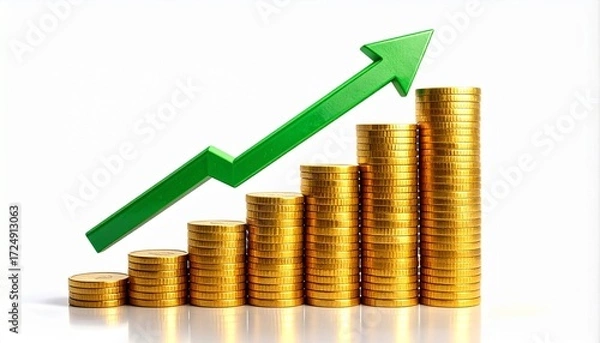 Fototapeta Stacks of gold coins arranged in ascending order with a green upward arrow above, set against a dramatic sky, symbolizing financial growth, investment success, and economic optimism.