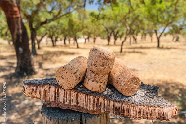 Fototapeta Corks on the piece of cork tree bark close-up. Cork oak orchard in the background.