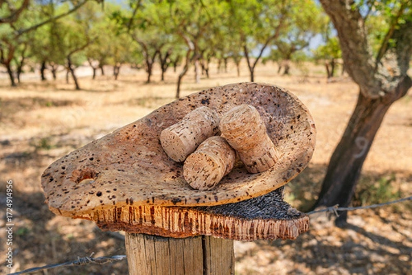 Fototapeta Corks on the piece of cork tree bark close-up. Cork oak orchard in the background.
