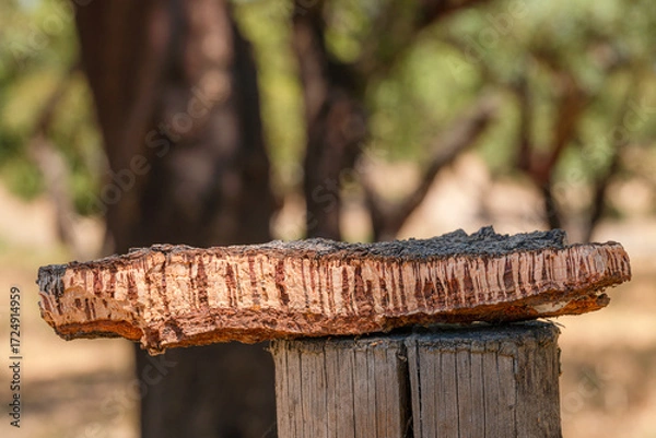 Fototapeta Piece of cork tree bark on foreground and blurred cork oak orchard in the background.