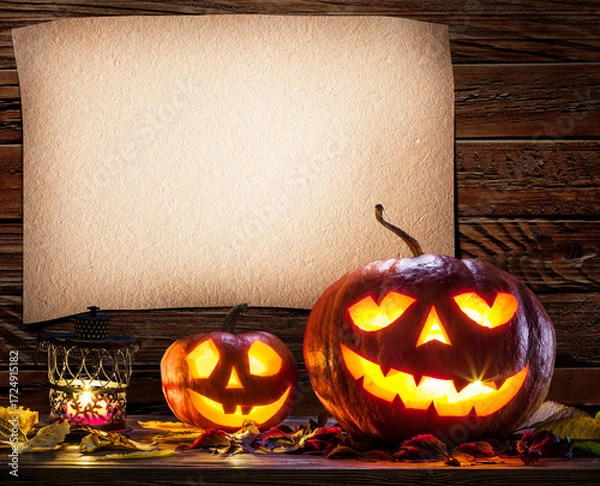 Fototapeta Grinning pumpkin latern or jack-o'-lantern is one of the symbols of Halloween. Halloween attribute. Wooden background with vintage blank rectangular notice paper