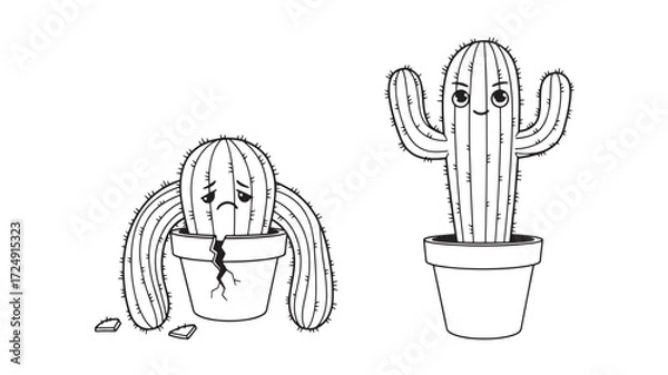 Fototapeta Two cute cacti in pots line art illustration happy sad plant desert bo