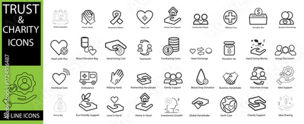Obraz Trust & Charity Icons – Donation, Care, Support Vector Set