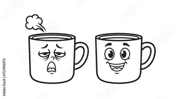 Obraz Two coffee mugs cartoon characters happy sad emotions line art Vector 
