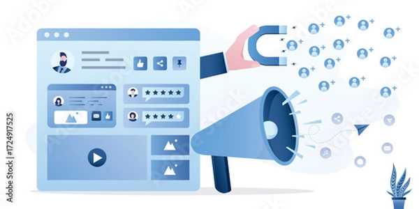 Fototapeta Blogger working with viral content attracts new followers. Influencer increases his audience and subscribers. Digital marketing, businessman hand using magnet
