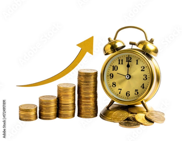 Obraz Gold coins stacked in a graph format with an upward arrow, next to a vintage gold alarm clock