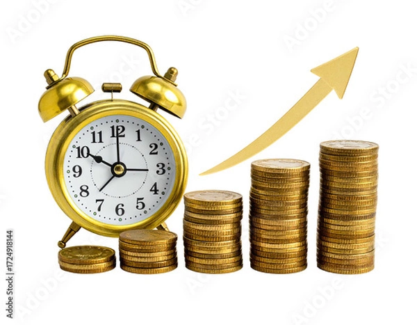 Obraz Golden alarm clock beside stacked gold coins with an upward gold arrow graph
