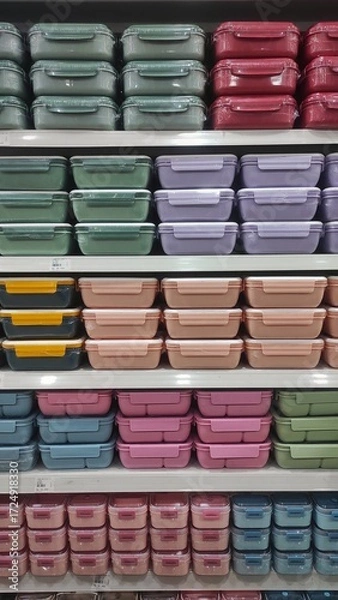 Obraz Plastic food containers with lids neatly displayed on a supermarket shelf, perfect for storing snacks, meal prep portions, and keeping food fresh longer.