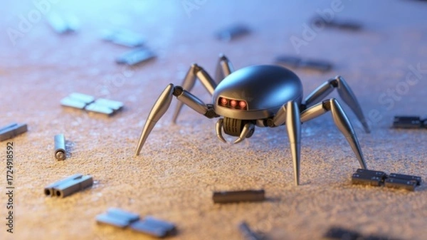 Fototapeta Futuristic metallic spider robot exploring a sandy surface with scattered debris