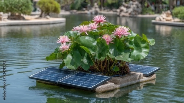 Fototapeta Exploring the Harmony Between Nature and Technology in Renewable Energy Solutions at a Serene Pond