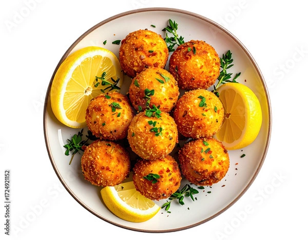 Obraz Crispy, golden-brown balls, arranged on a plate with lemon slices and thyme sprigs