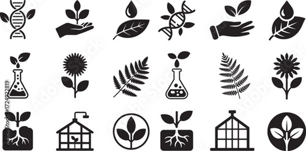 Obraz Black icons depicting plants dna and science leaf growth