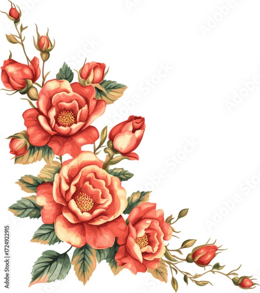 Fototapeta A beautiful arrangement of red roses and leaves for corner floral decoration, isolated on a white background. Vector illustration