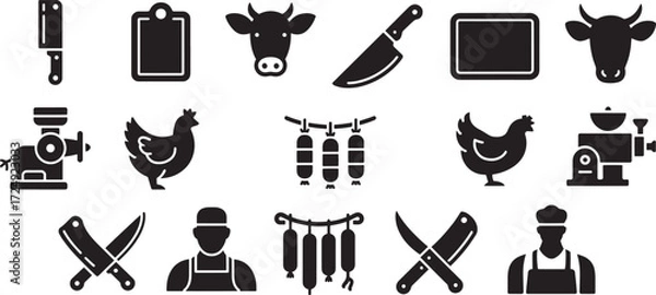 Obraz Butcher tools animals and food preparation icons cleaver knife