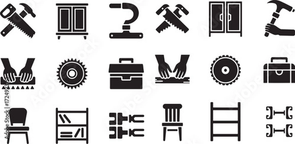 Obraz Collection of black and white icons depicting tools furniture and objects hammer cabinet