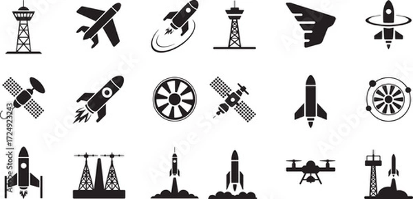 Obraz Collection of black icons depicting aircraft spacecraft and launch towers airplane rocket