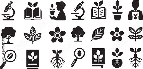Obraz Collection of botanical and scientific icons microscope book
