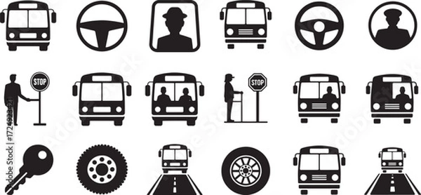 Obraz Collection of bus transportation and driving icons vehicle steering