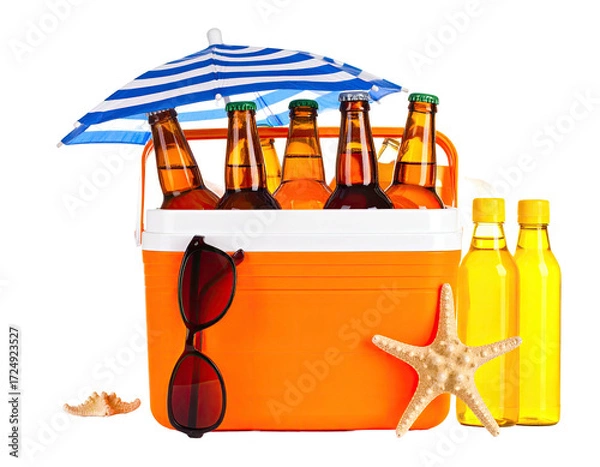 Obraz Orange cooler filled with beer bottles, under a striped beach umbrella, with sunglasses, seashells, and starfish