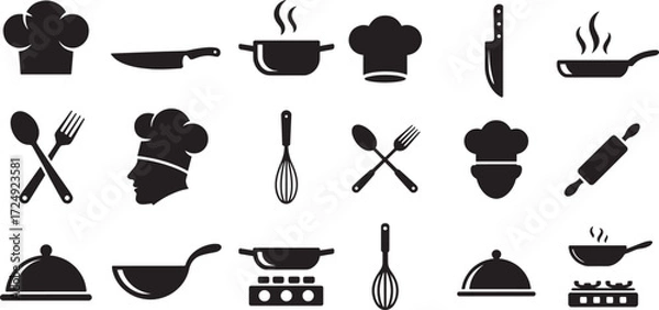 Obraz Collection of cooking utensils and chef hats knife