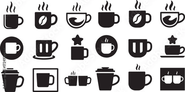Obraz Collection of hot beverage cups with steam and coffee bean icons drink